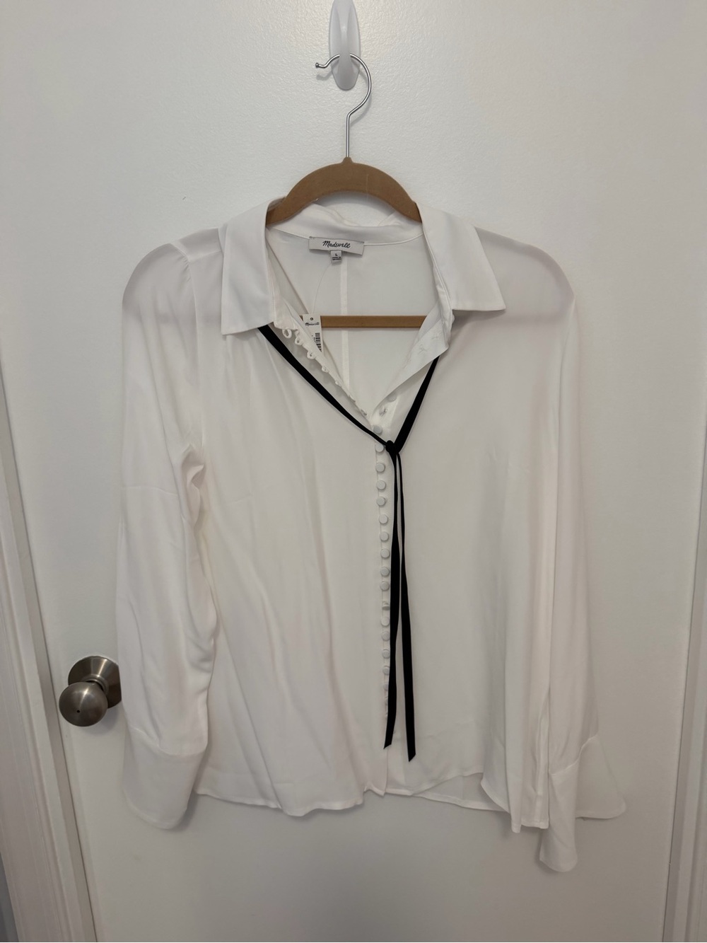 White Blouse with Black Tie Detail - Madewell, L NWT!